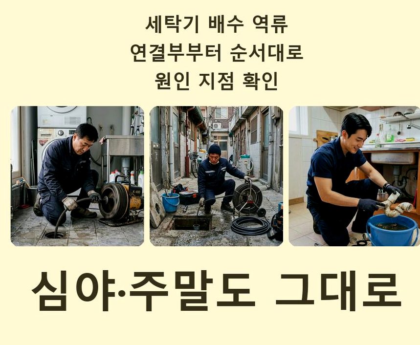 안산시단원구 고잔동 세탁기 배수구막힘 긴급출동 현장 작업 사진 - 배관해결사