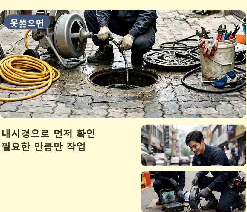 서울 광진구 구의동 하수구막힘 고압세척·관통 작업 모습