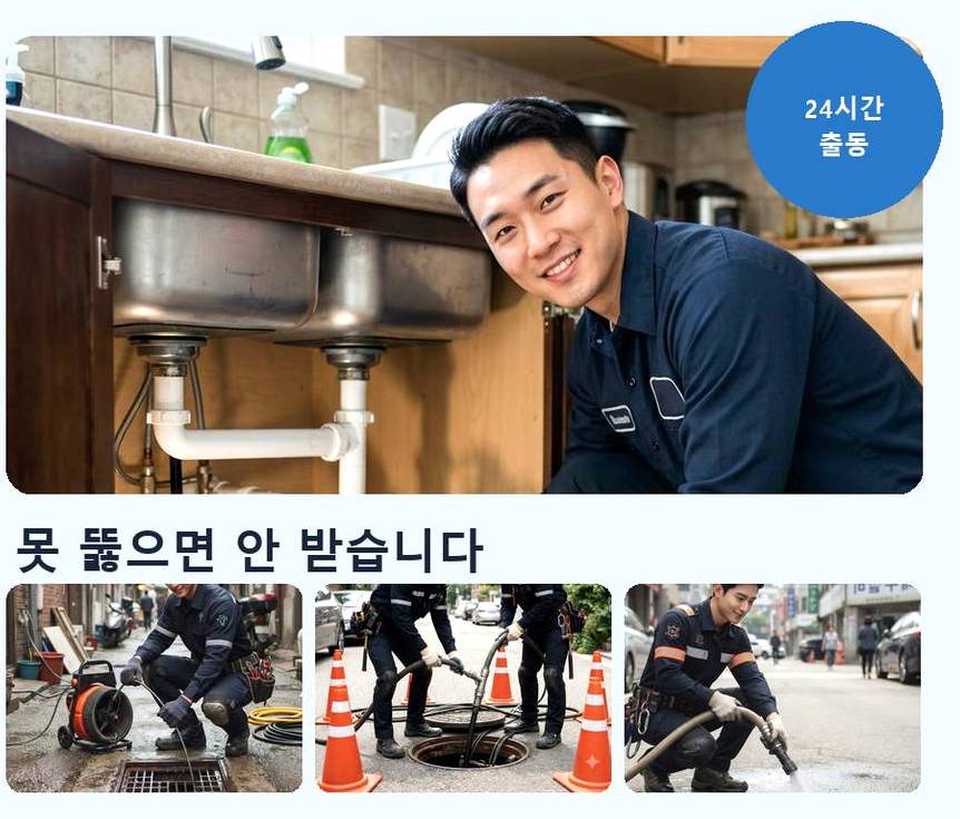 김포시 구래동 하수구 역류 야간 출동 현장 작업 사진 - 배관해결사