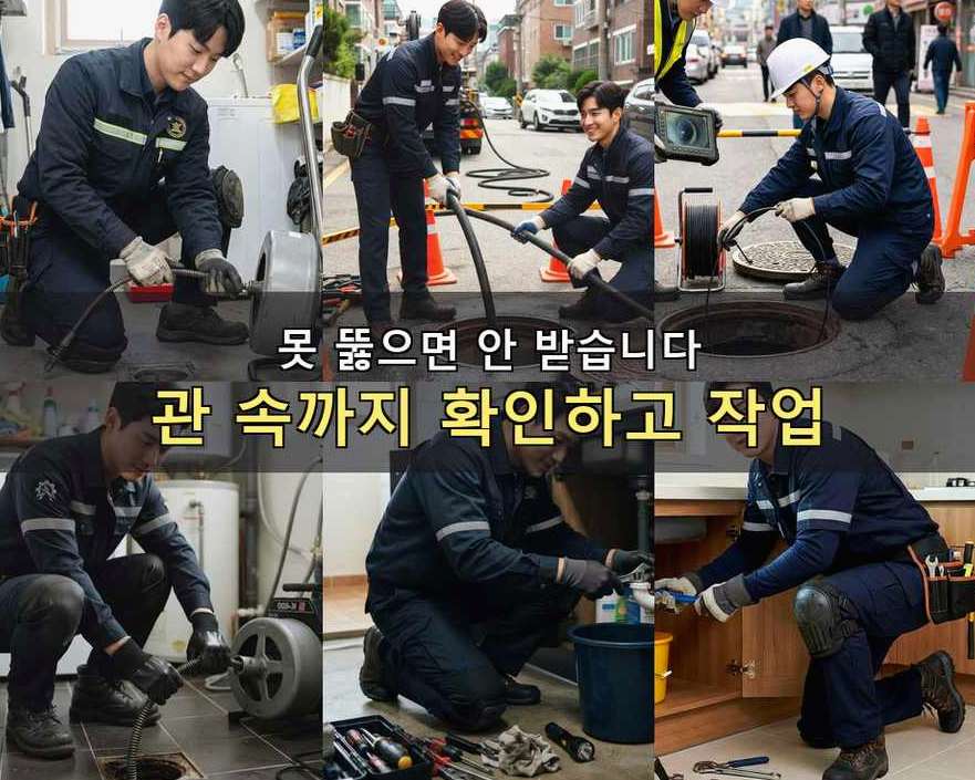 부천시원미구 도당동 세탁기 배수구막힘 뚫음 현장 작업 사진 - 배관해결사