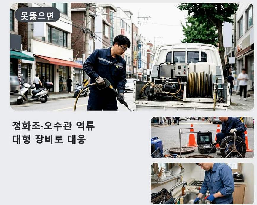 안양시동안구 범계동 오수관막힘 고압세척·관통 작업 모습