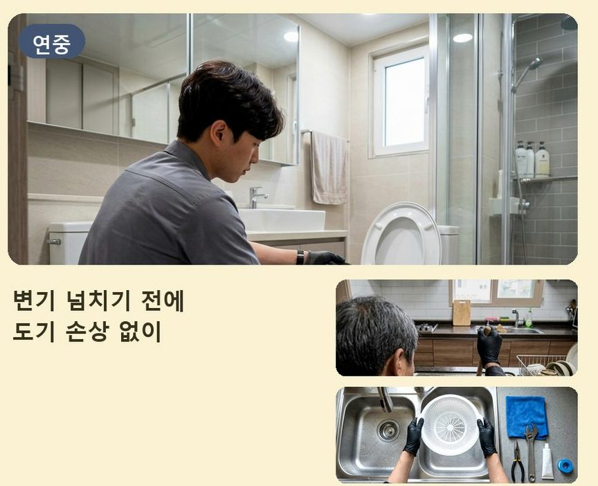 부천시소사구 옥길동 욕실 배수구막힘 24시 출동 현장 작업 사진 - 배관해결사