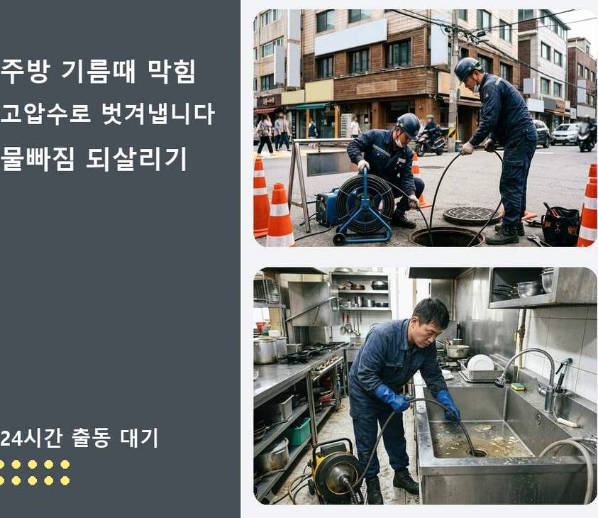 성남시분당구 석운동 싱크대막힘 고압세척·관통 작업 모습