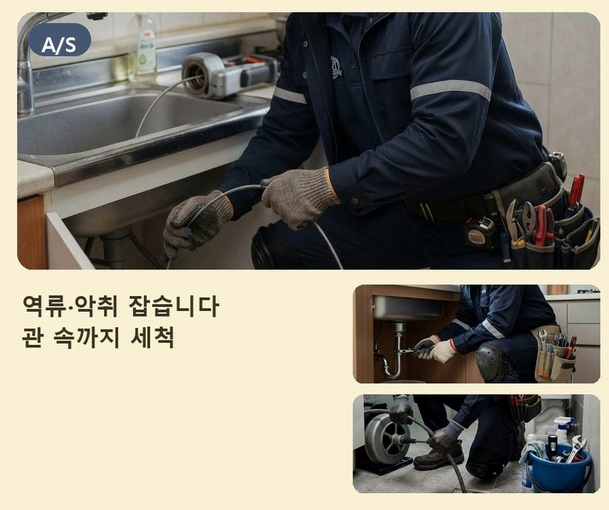 서울 마포구 상암동 싱크대막힘 고압세척·관통 작업 모습