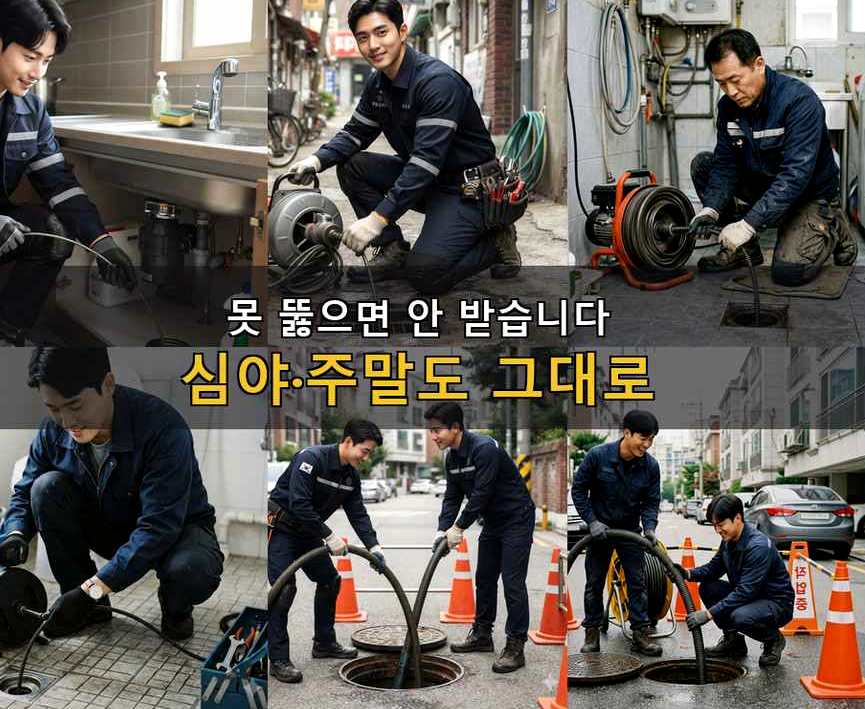 서울 은평구 갈현동 욕실 배수구막힘 야간 출동 현장 작업 사진 - 배관해결사