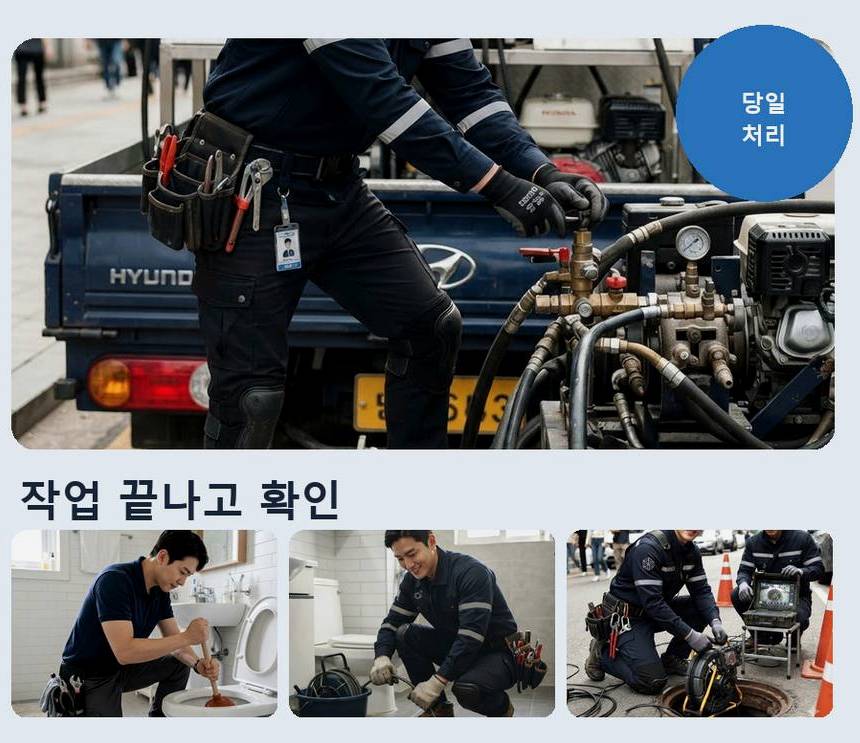 안산시단원구 성곡동 배수구막힘 뚫음 현장 작업 사진 - 배관해결사