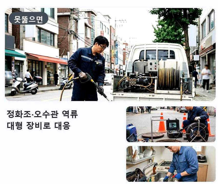 서울 용산구 용산동 변기막힘 고압세척·관통 작업 모습