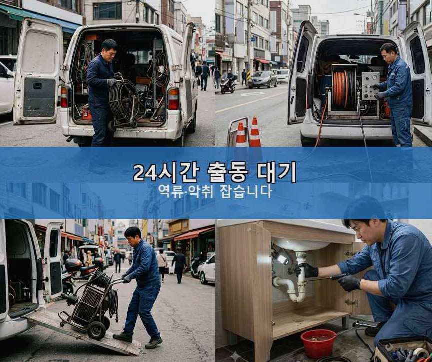 안양시동안구 신촌동 하수구막힘 야간 출동 현장 작업 사진 - 배관해결사