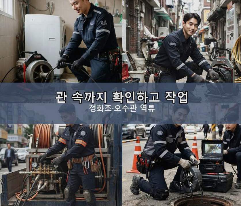 남양주시 이패동 변기막힘 고압세척·관통 작업 모습