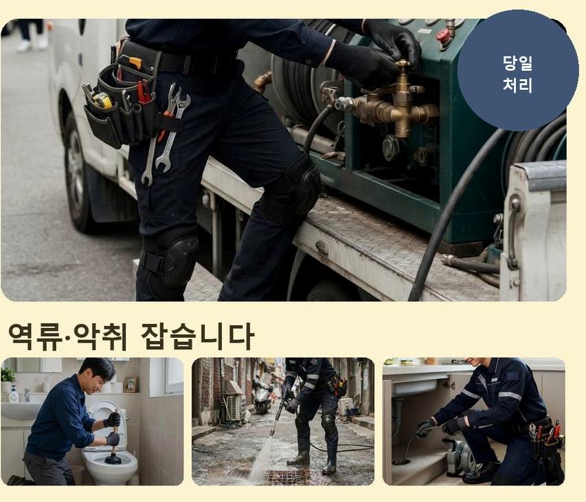 시흥시 장현동 변기막힘 원인 진단 현장 작업 사진 - 배관해결사