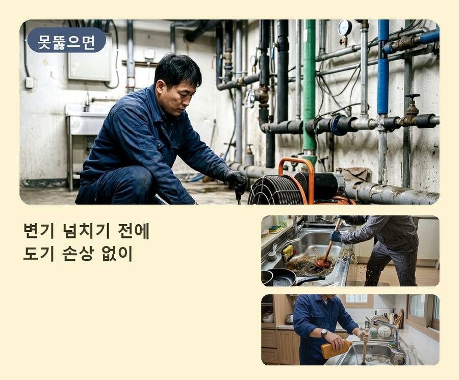 안산시단원구 고잔동 변기막힘 긴급출동 현장 작업 사진 - 배관해결사