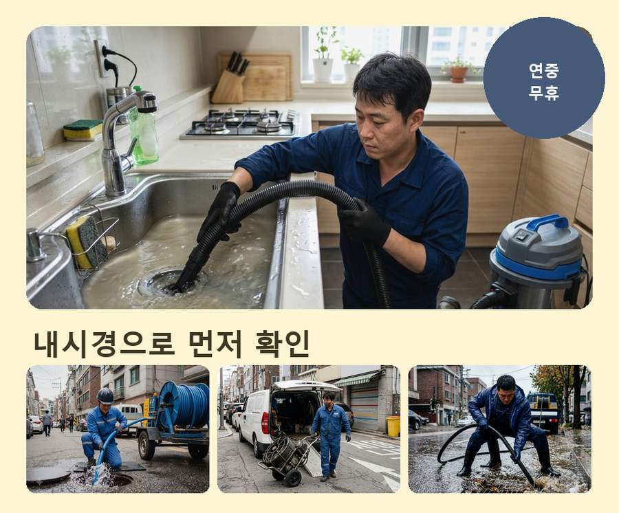 안양시만안구 석수동 싱크대막힘 고압세척·관통 작업 모습