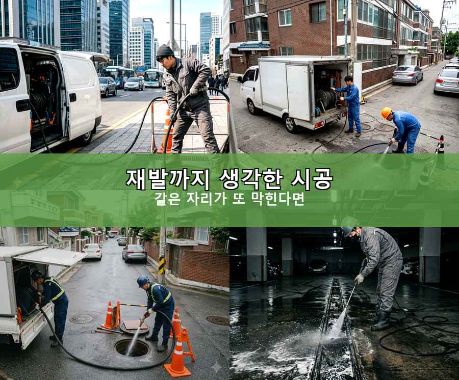서울 광진구 광장동 하수구막힘 고압세척·관통 작업 모습